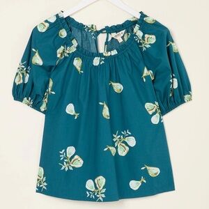 Fat Face Ronnie Teal Figs Print Puff-Sleeve Blouse